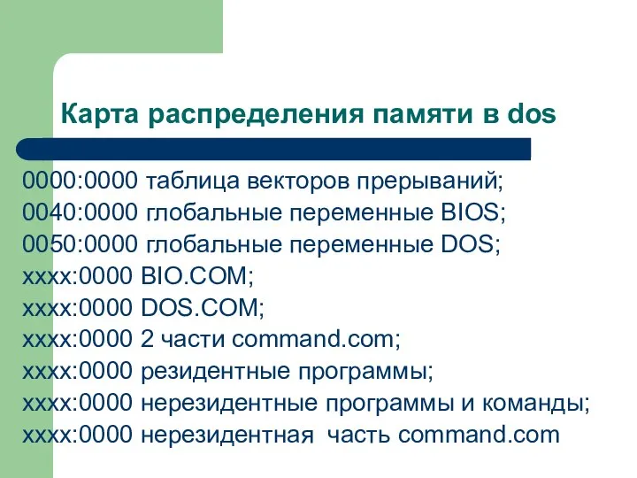 Карта распределения памяти в dos 0000:0000 таблица векторов прерываний; 0040:0000 глобальные