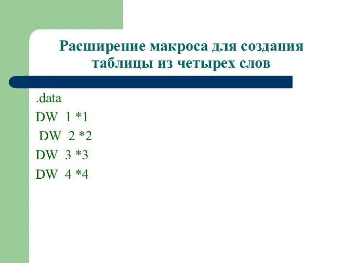 Расширение макроса для создания таблицы из четырех слов .data DW 1