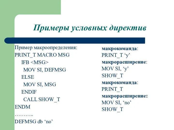 Примеры условных директив Пример макроопределения: PRINT_T MACRO MSG IFB MOV SI,