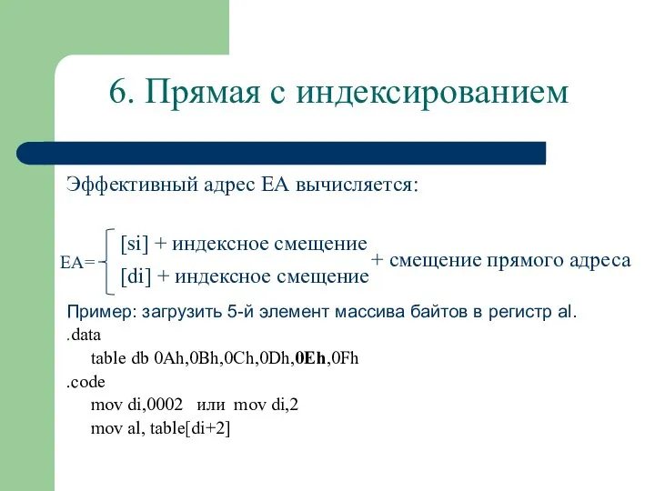 6. Прямая с индексированием Эффективный адрес ЕА вычисляется: Пример: загрузить 5-й