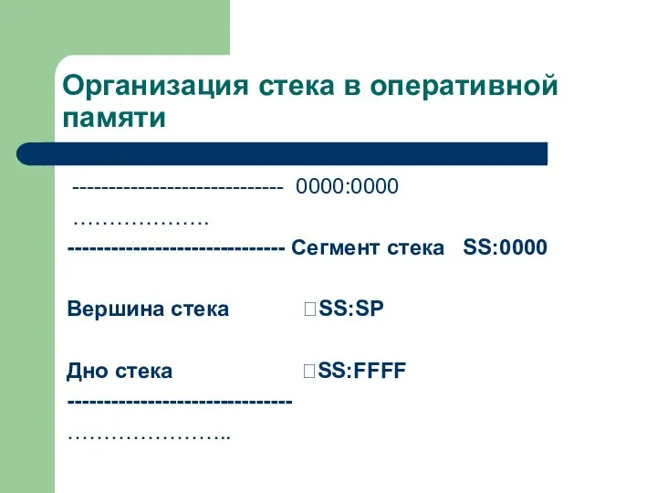 Организация стека в оперативной памяти ----------------------------- 0000:0000 ………………. ------------------------------ Сегмент стека