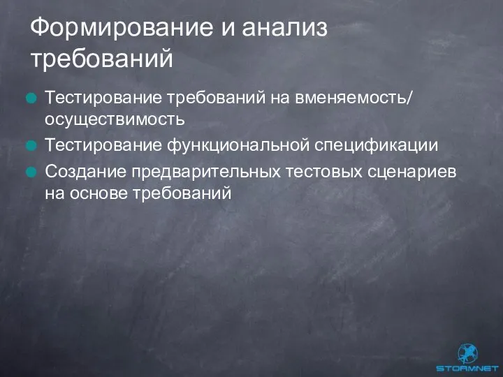 Тестирование требований на вменяемость/ осуществимость Тестирование функциональной спецификации Создание предварительных тестовых