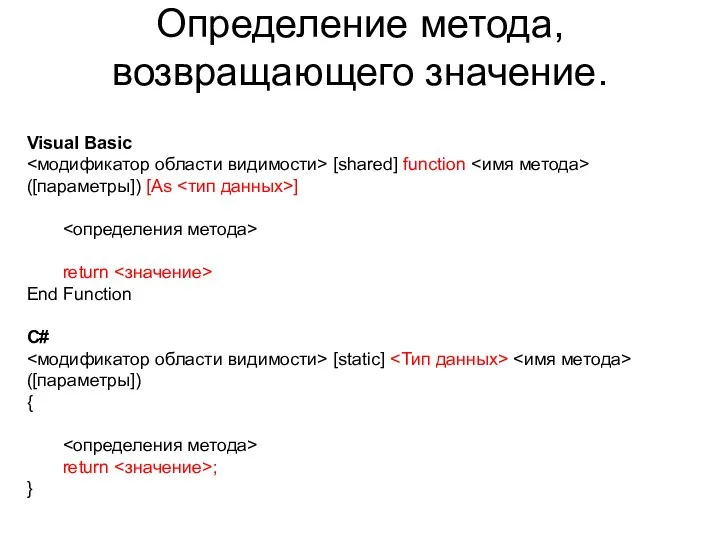 Определение метода, возвращающего значение. Visual Basic [shared] function ([параметры]) [As ]
