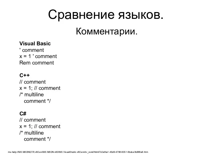 Сравнение языков. Комментарии. Visual Basic ' comment x = 1 '