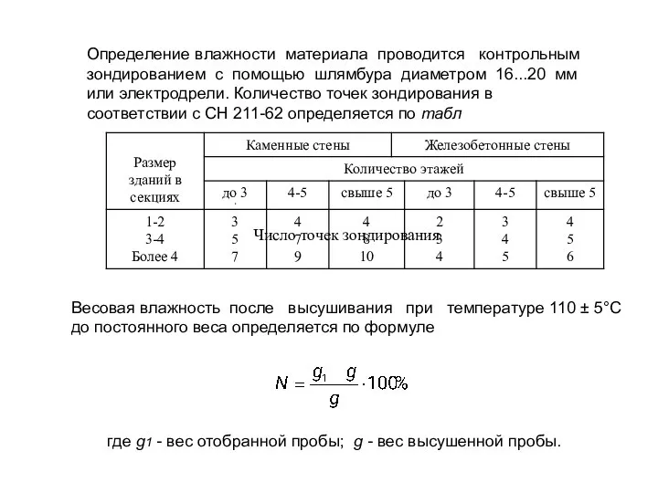 Число точек зондирования Определение влажности материала проводится контрольным зондированием с помощью