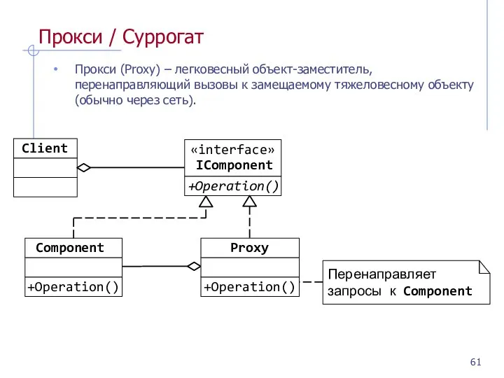 Прокси / Суррогат Прокси (Proxy) – легковесный объект-заместитель, перенаправляющий вызовы к