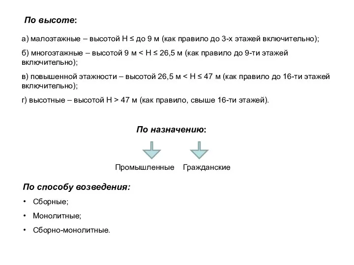 По высоте: а) малоэтажные – высотой Н ≤ до 9 м