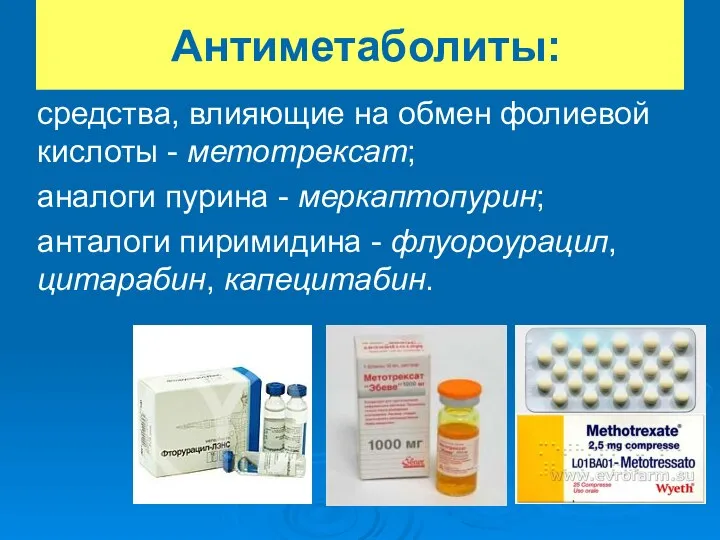 Антиметаболиты: средства, влияющие на обмен фолиевой кислоты - метотрексат; аналоги пурина