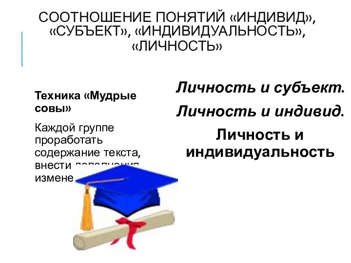 СООТНОШЕНИЕ ПОНЯТИЙ «ИНДИВИД», «СУБЪЕКТ», «ИНДИВИДУАЛЬНОСТЬ», «ЛИЧНОСТЬ» Техника «Мудрые совы» Каждой группе