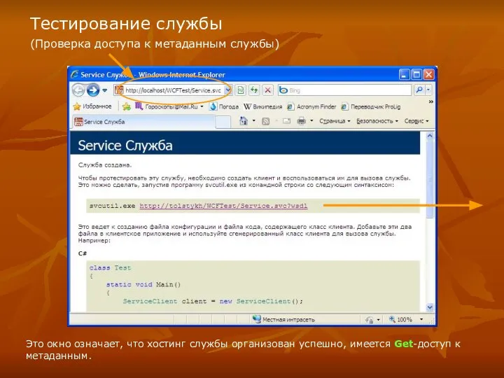 Тестирование службы (Проверка доступа к метаданным службы) Это окно означает, что