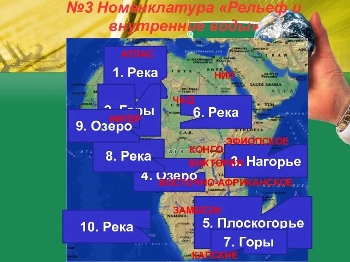 №3 Номенклатура «Рельеф и внутренние воды» 1. Река 2. Горы 3.