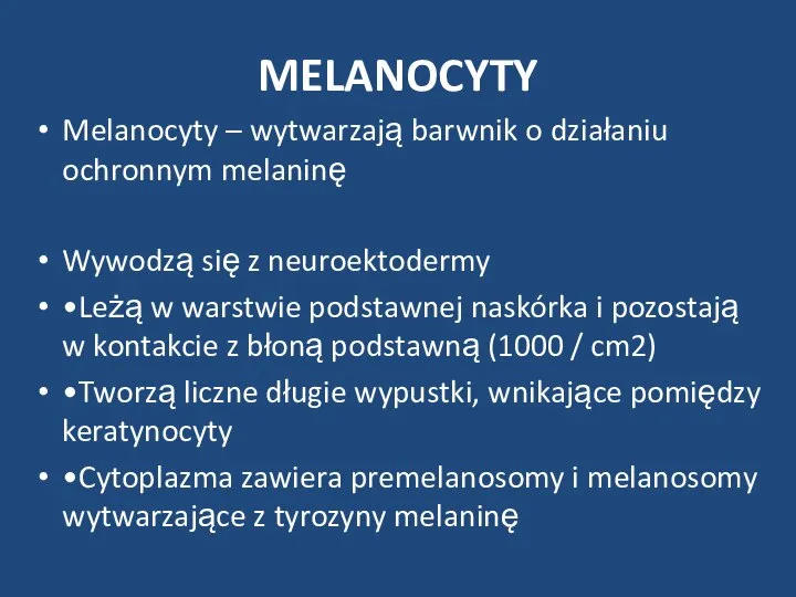 MELANOCYTY Melanocyty – wytwarzają barwnik o działaniu ochronnym melaninę Wywodzą się