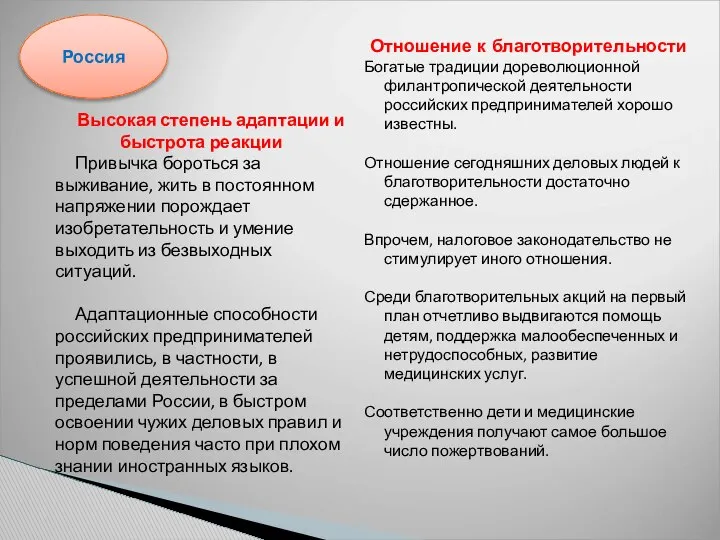 Высокая степень адаптации и быстрота реакции Привычка бороться за выживание, жить