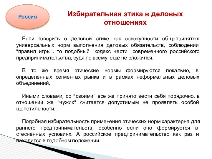 Если говорить о деловой этике как совокупности общепринятых универсальных норм выполнения