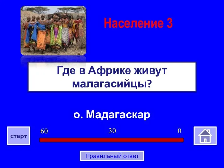 о. Мадагаскар Где в Африке живут малагасийцы? Население 3 0 30 60 старт Правильный ответ