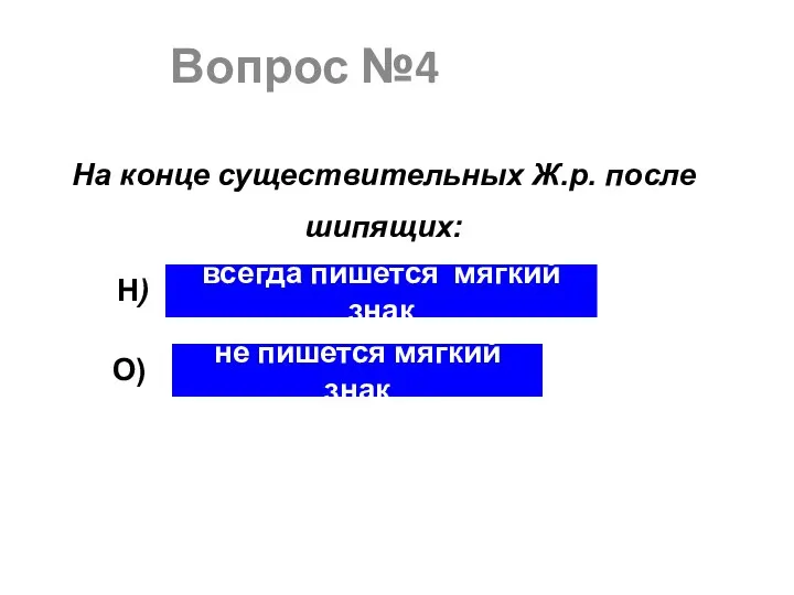 Вопрос №4 На конце существительных Ж.р. после шипящих: всегда пишется мягкий