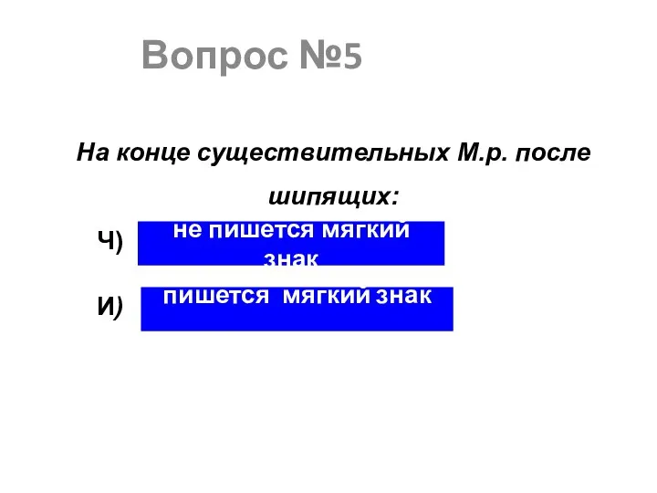 Вопрос №5 На конце существительных М.р. после шипящих: пишется мягкий знак