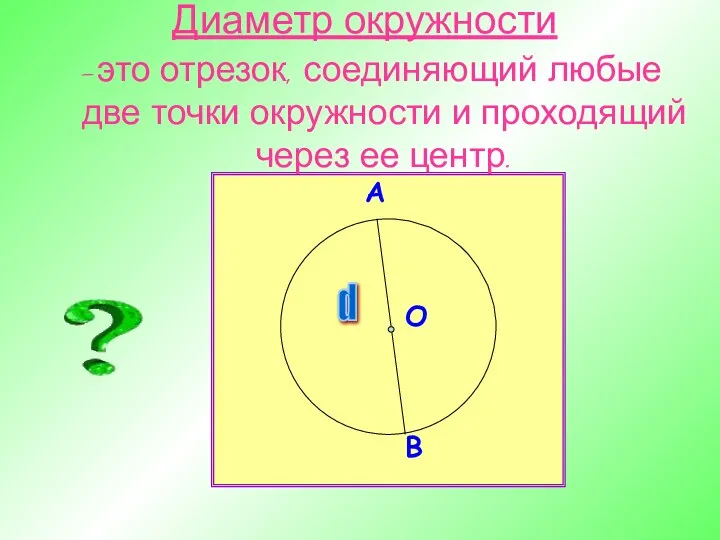 Диаметр окружности -это отрезок, соединяющий любые две точки окружности и проходящий