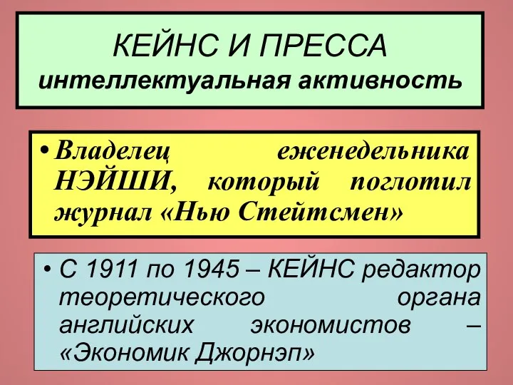 КЕЙНС И ПРЕССА интеллектуальная активность Владелец еженедельника НЭЙШИ, который поглотил журнал