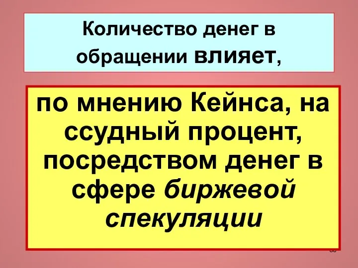 Количество денег в обращении влияет, по мнению Кейнса, на ссудный процент,