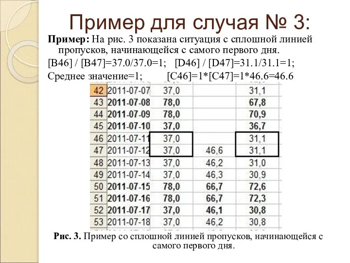 Пример: На рис. 3 показана ситуация с сплошной линией пропусков, начинающейся