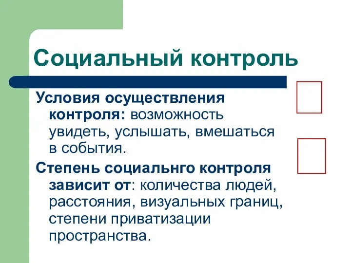 Социальный контроль Условия осуществления контроля: возможность увидеть, услышать, вмешаться в события.