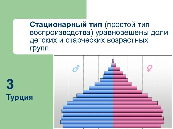 Стационарный тип (простой тип воспроизводства) уравновешены доли детских и старческих возрастных групп. 3 Турция