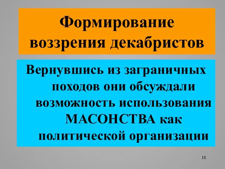 Формирование воззрения декабристов Вернувшись из заграничных походов они обсуждали возможность использования МАСОНСТВА как политической организации