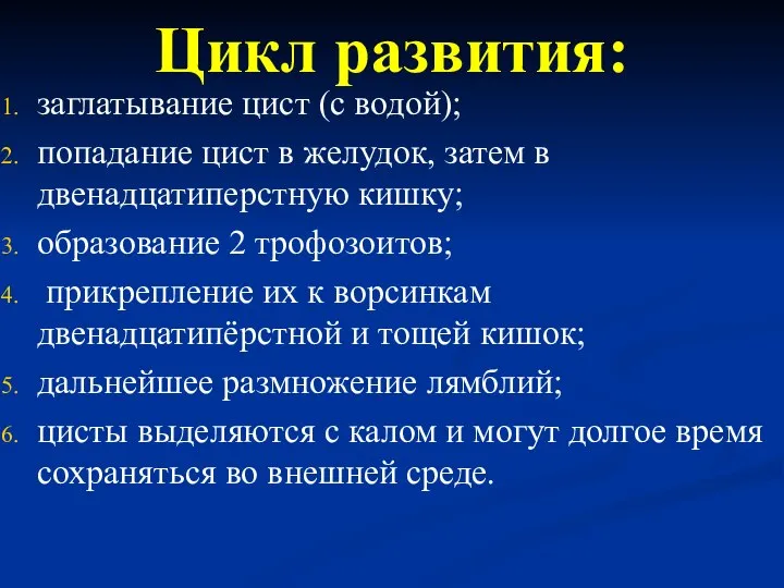 Цикл развития: заглатывание цист (с водой); попадание цист в желудок, затем