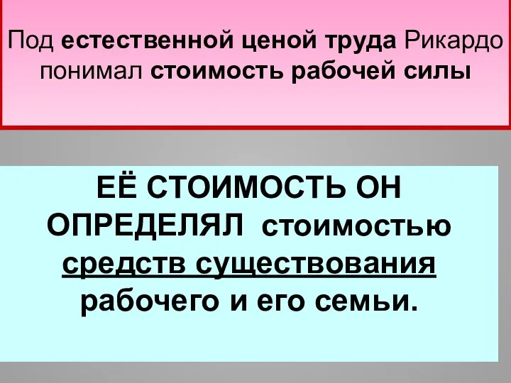 Под естественной ценой труда Рикардо понимал стоимость рабочей силы ЕЁ СТОИМОСТЬ