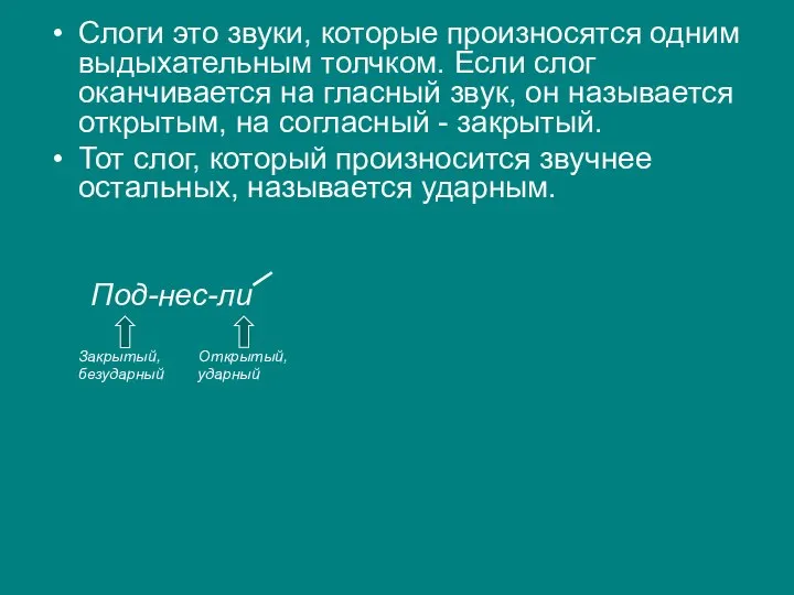 Слоги это звуки, которые произносятся одним выдыхательным толчком. Если слог оканчивается