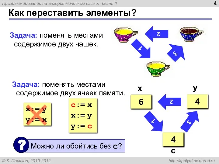 Как переставить элементы? 2 3 1 Задача: поменять местами содержимое двух