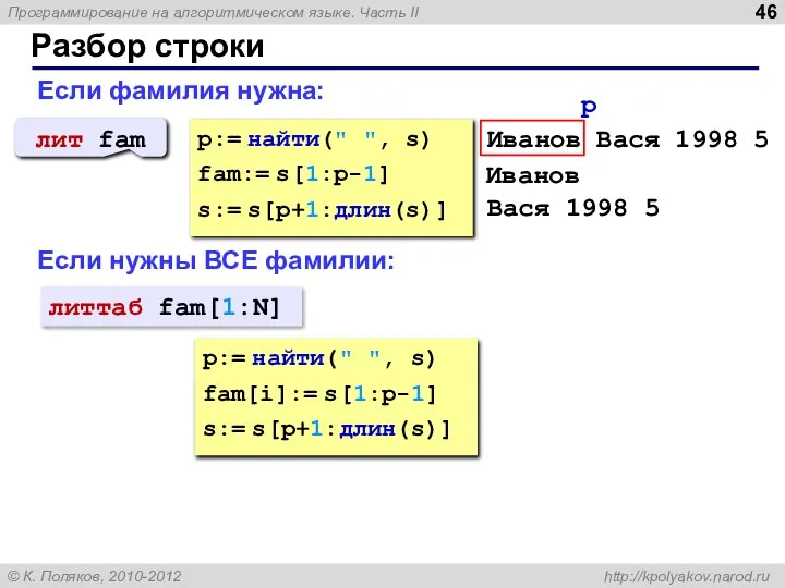 Разбор строки Если фамилия нужна: p:= найти(" ", s) fam:= s[1:p-1]