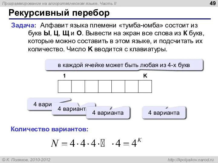 Рекурсивный перебор Задача: Алфавит языка племени «тумба-юмба» состоит из букв Ы,