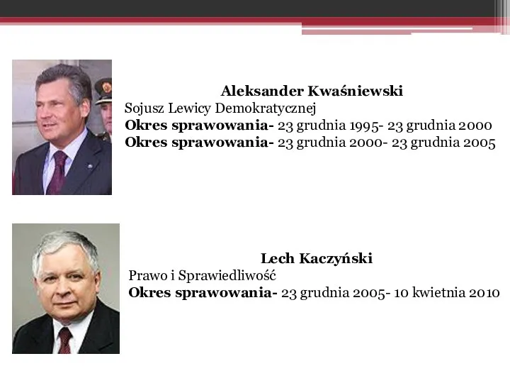Aleksander Kwaśniewski Sojusz Lewicy Demokratycznej Okres sprawowania- 23 grudnia 1995- 23