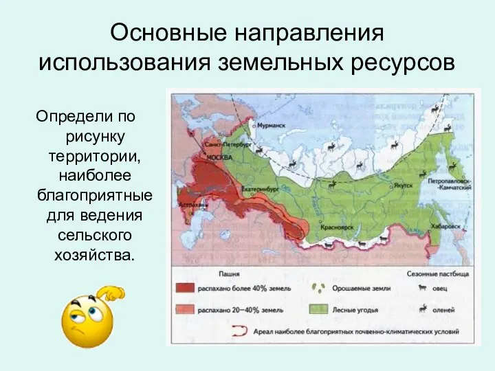 Основные направления использования земельных ресурсов Определи по рисунку территории, наиболее благоприятные для ведения сельского хозяйства.