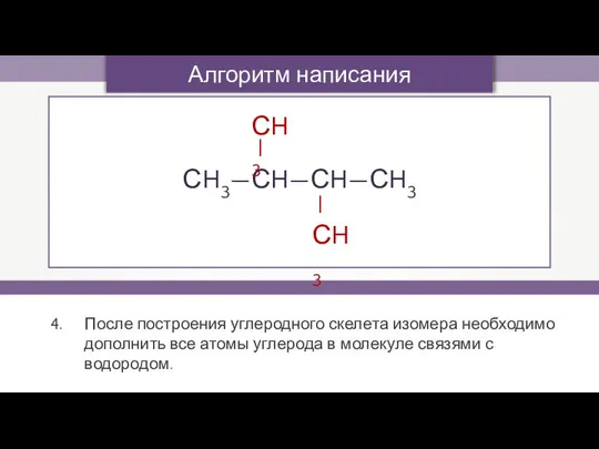 Алгоритм написания изомеров После построения углеродного скелета изомера необходимо дополнить все