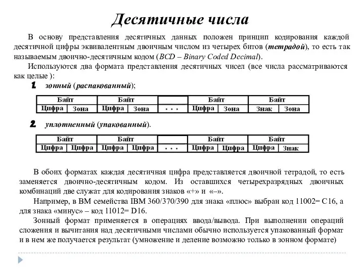 Десятичные числа В основу представления десятичных данных положен принцип кодирования каждой