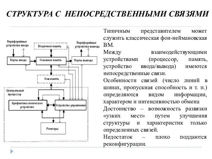 СТРУКТУРА С НЕПОСРЕДСТВЕННЫМИ СВЯЗЯМИ Типичным представителем может служить классическая фон-неймановская ВМ.