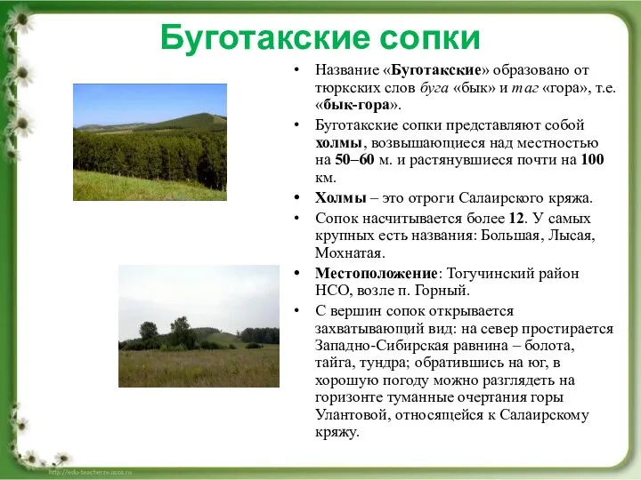 Буготакские сопки Название «Буготакские» образовано от тюркских слов буга «бык» и