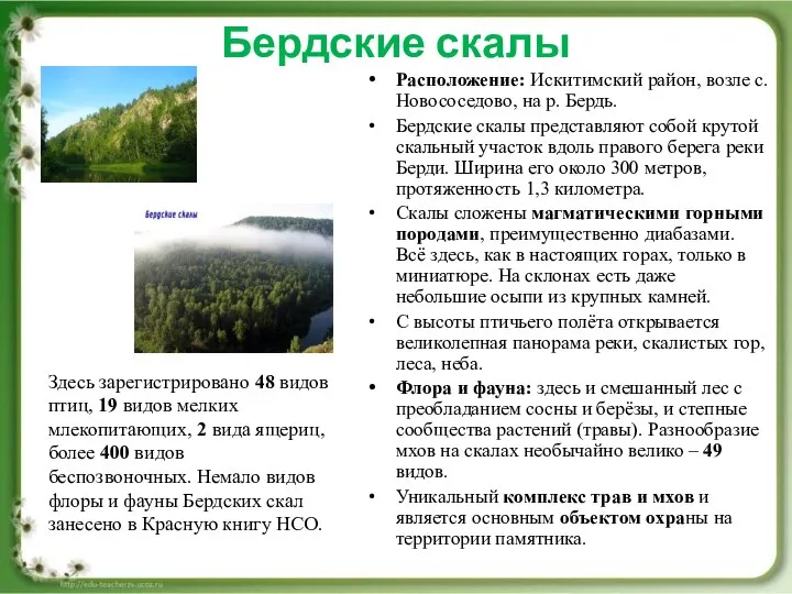 Бердские скалы Расположение: Искитимский район, возле с. Новососедово, на р. Бердь.