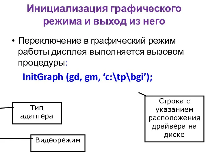 Инициализация графического режима и выход из него Переключение в графический режим