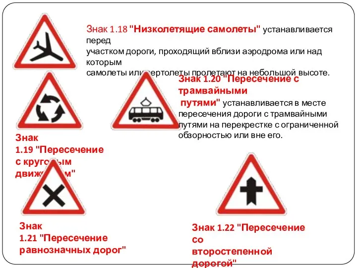 Знак 1.18 "Низколетящие самолеты" устанавливается перед участком дороги, проходящий вблизи аэродрома