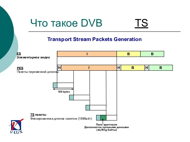 ES Элементарное видео PES Пакеты переменной длинны TS пакеты Фиксированная длинна