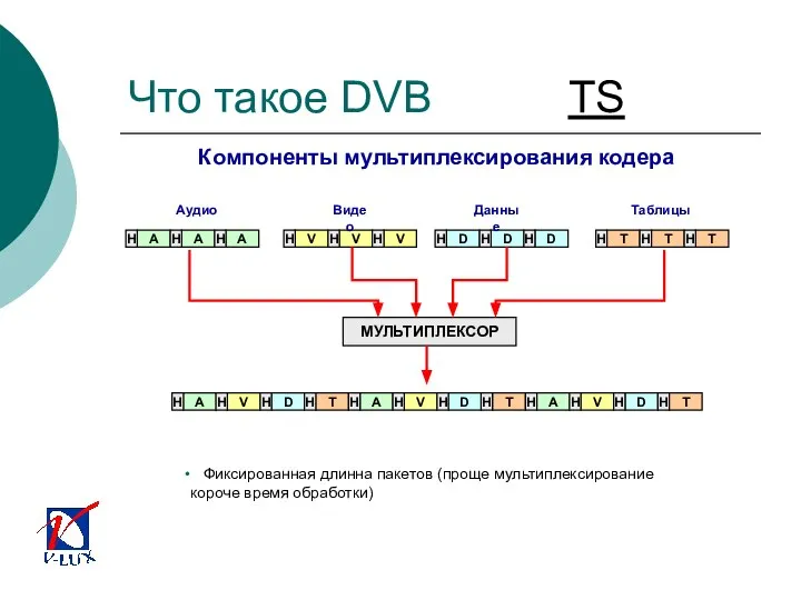 Фиксированная длинна пакетов (проще мультиплексирование короче время обработки) V H V