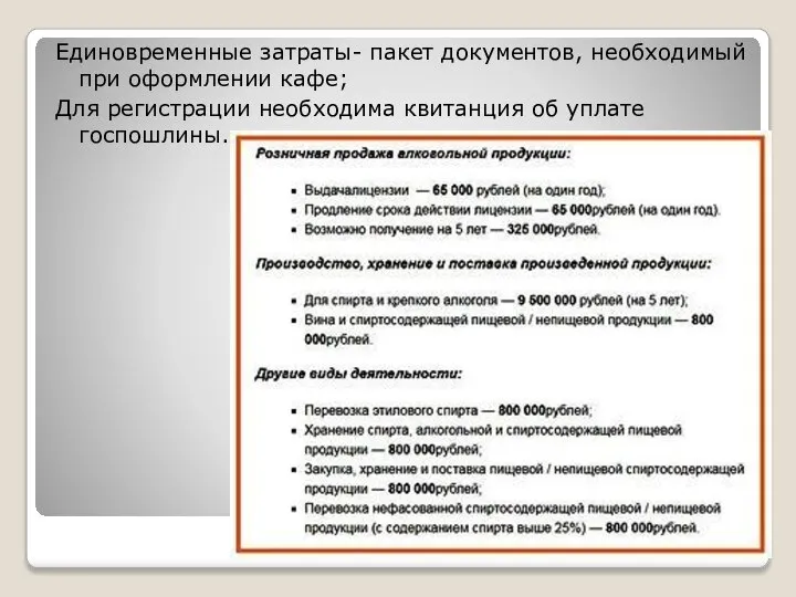 Единовременные затраты- пакет документов, необходимый при оформлении кафе; Для регистрации необходима квитанция об уплате госпошлины.