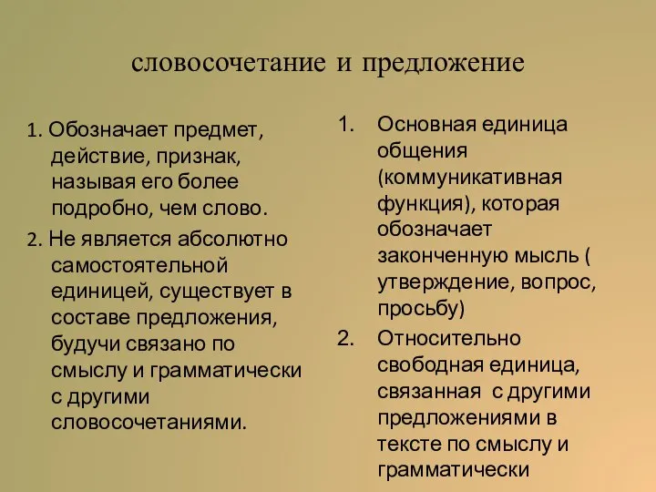 словосочетание и предложение 1. Обозначает предмет, действие, признак, называя его более