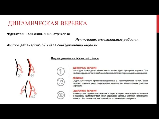 ДИНАМИЧЕСКАЯ ВЕРЕВКА Единственное назначение- страховка Исключение: спасательные работы. Поглощает энергию рывка