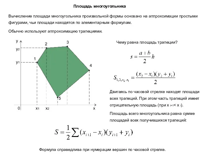 Площадь многоугольника Вычисление площади многоугольника произвольной формы основано на аппроксимации простыми