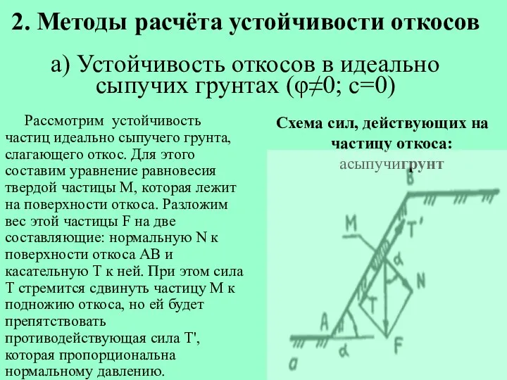 2. Методы расчёта устойчивости откосов а) Устойчивость откосов в идеально сыпучих